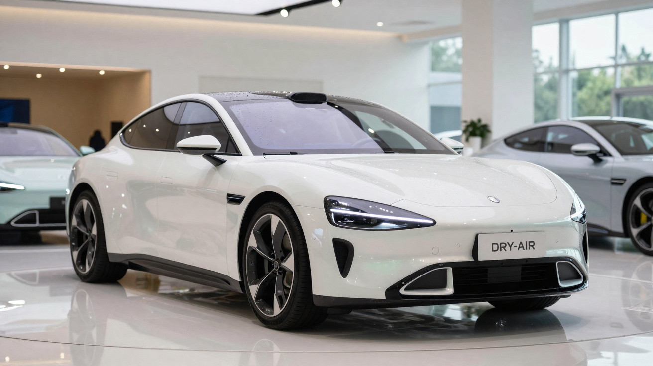 Carro esportivo elétrico branco estacionado em ambiente interno moderno e iluminado.