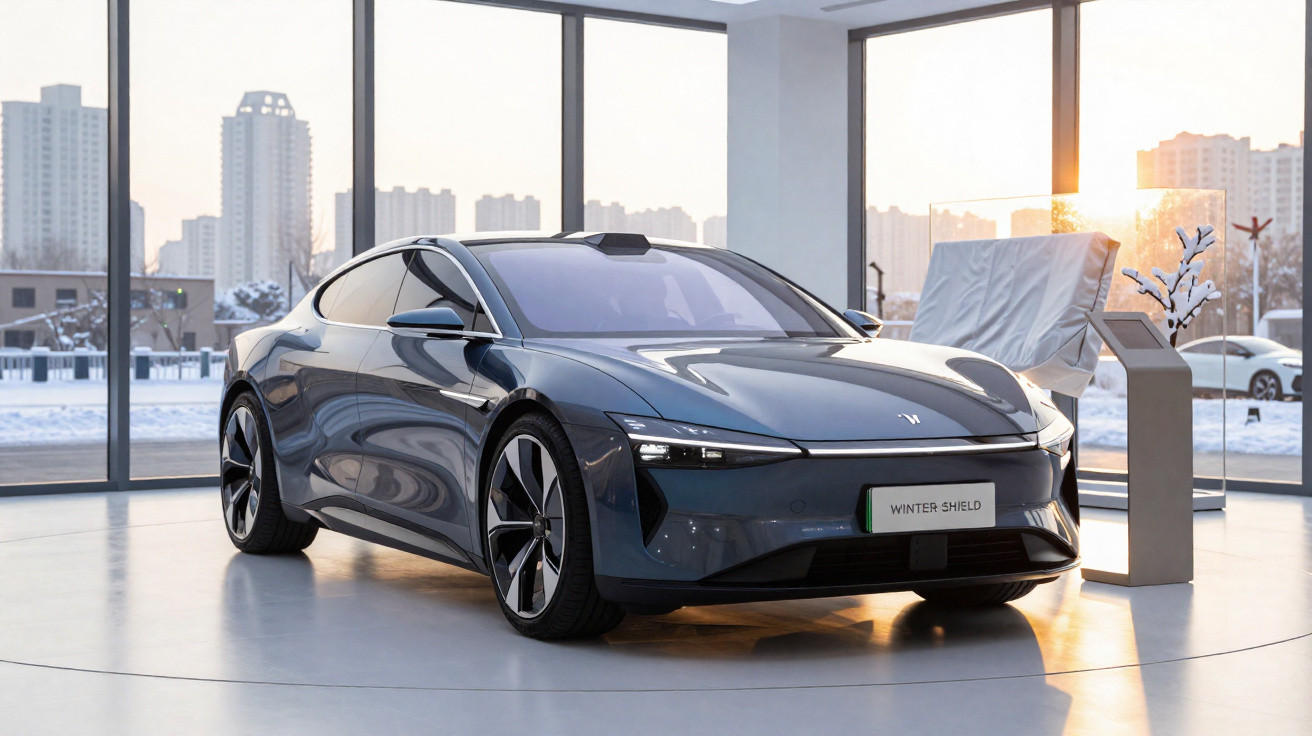 Carro elétrico moderno na cor preta exibido em showroom com grandes janelas e paisagem urbana ao fundo.