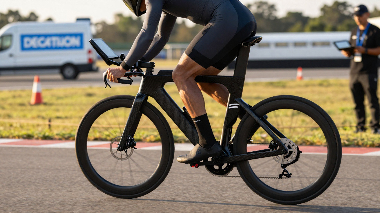 Atleta pedalando em bicicleta de corrida preta em pista, usando roupas e capacete aerodinâmicos.