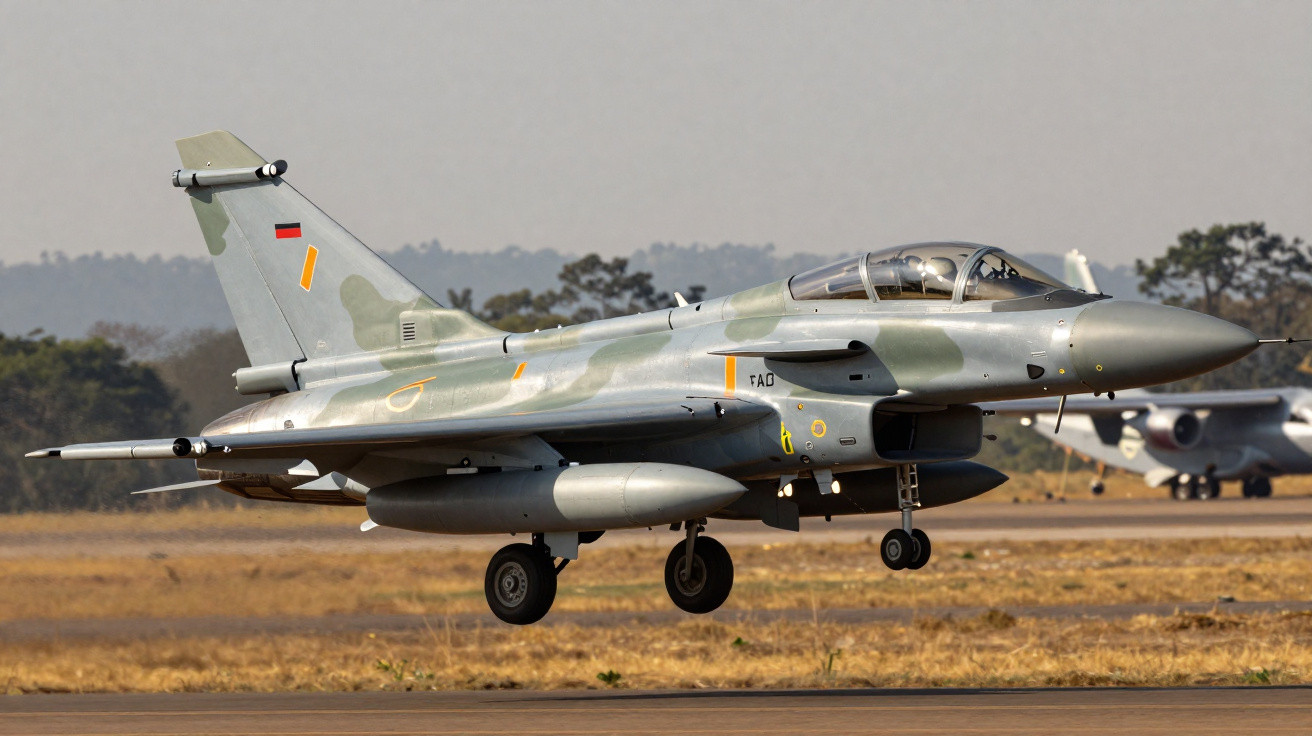 Avião de caça militar camuflado pousando em pista com paisagem seca ao fundo.