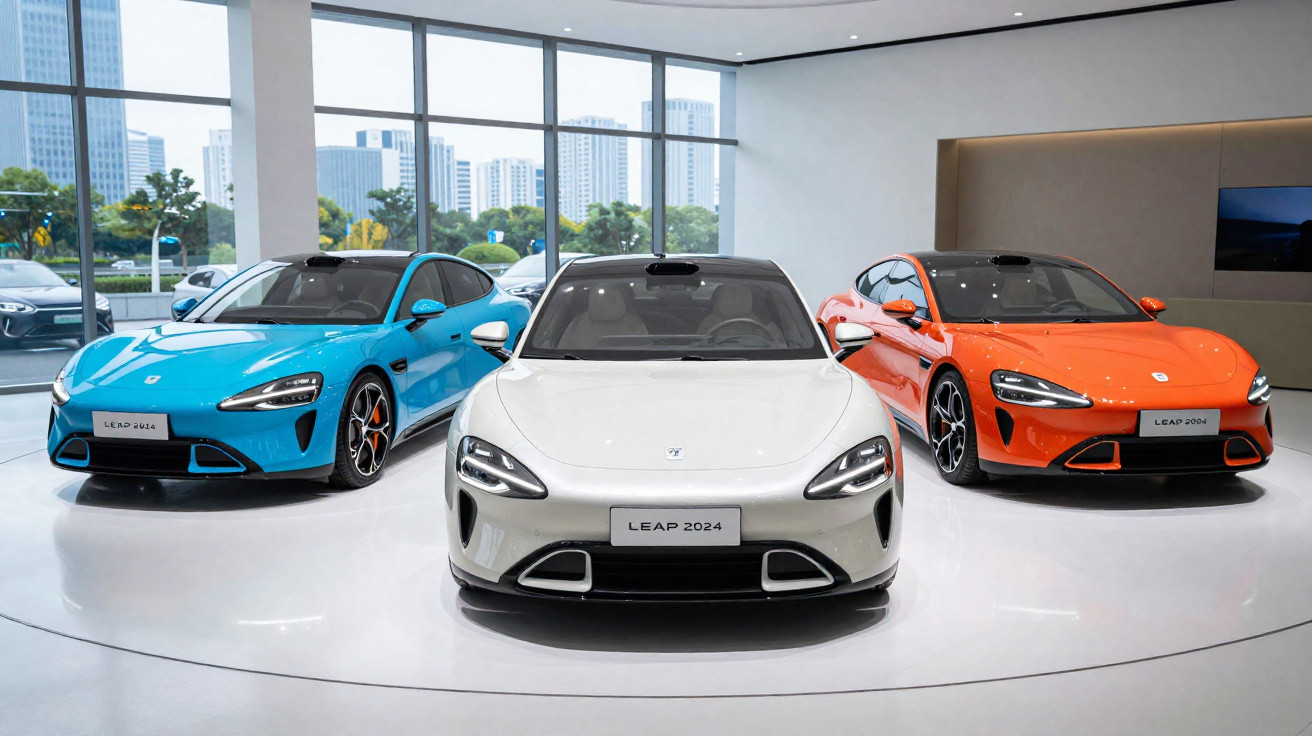 Três carros elétricos da LEAP 2024 em exposição, nas cores azul, branco e laranja, em ambiente interno moderno.