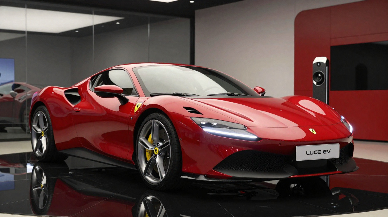 Carro esportivo elétrico Ferrari Luce EV vermelho exibido em showroom moderno.