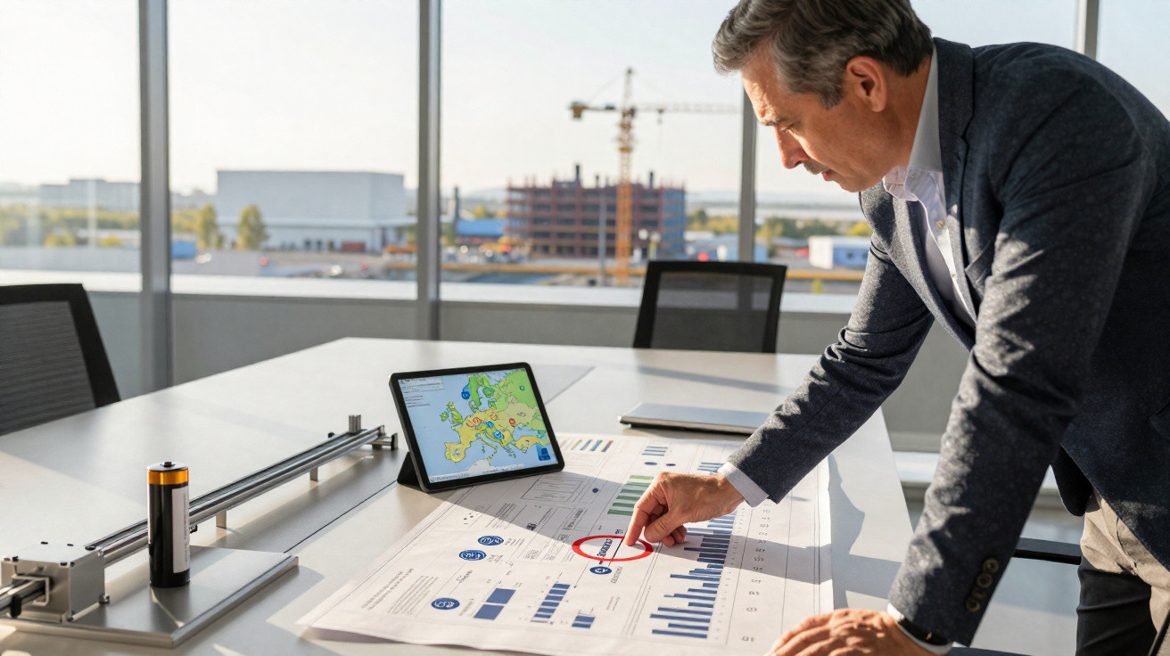 Homem em terno analisa planta arquitetônica em escritório com mesa, tablet e vista para construção.