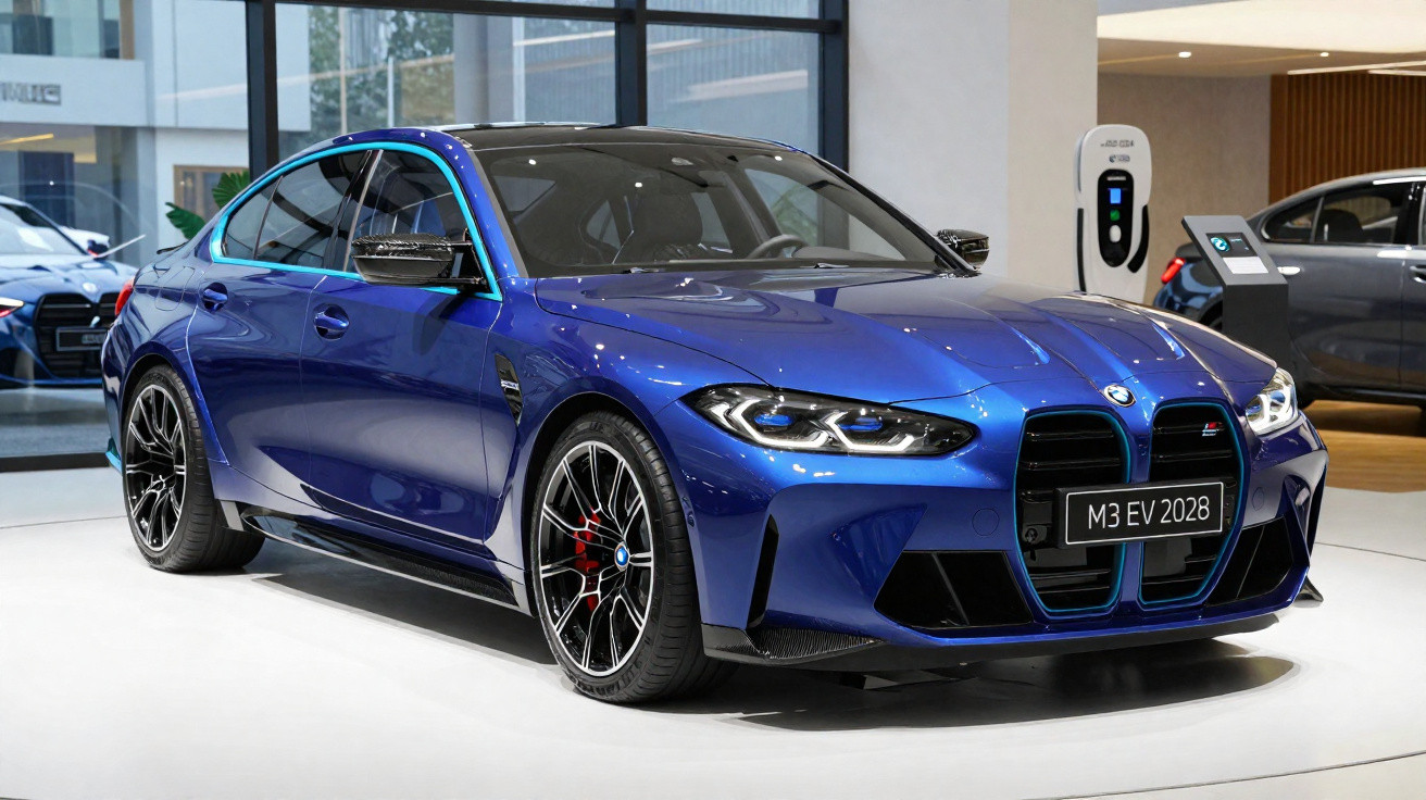 Carro esportivo azul BMW M3 EV 2028 exposto em salão moderno com iluminação branca.