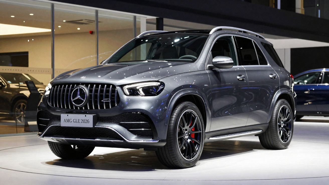 SUV Mercedes-Benz AMG 2026 cinza exibido em ambiente interno com iluminação potente.