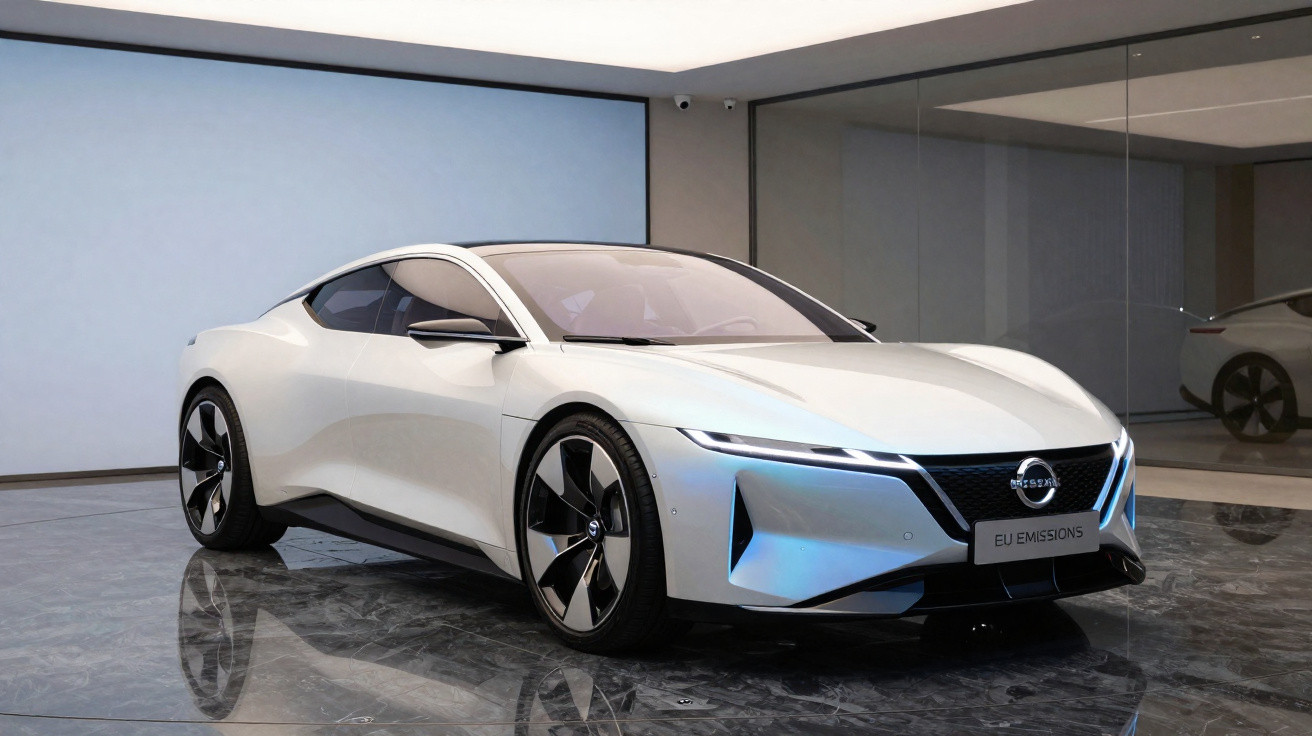 Carro esportivo elétrico branco da Nissan, modelo conceito, exibido em salão moderno com piso espelhado.