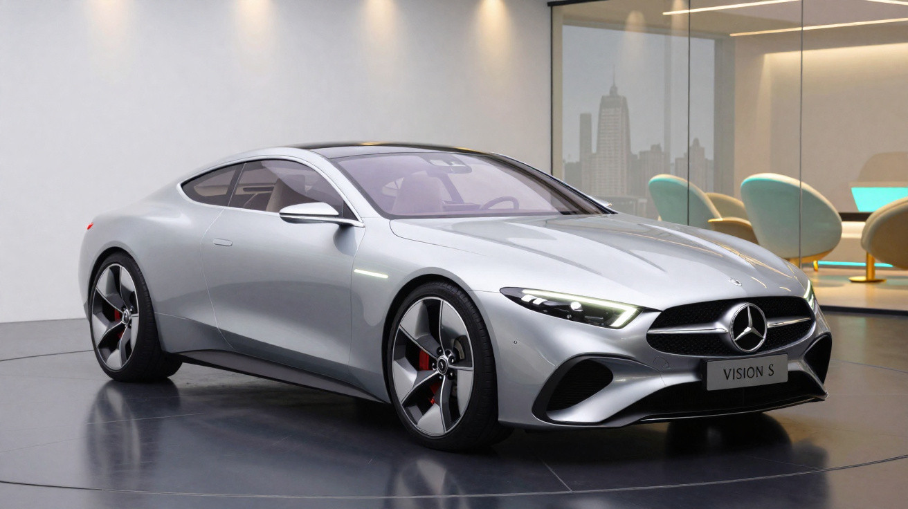 Carro conceito esportivo prata Mercedes-Benz Vision S exposto em ambiente interno moderno.