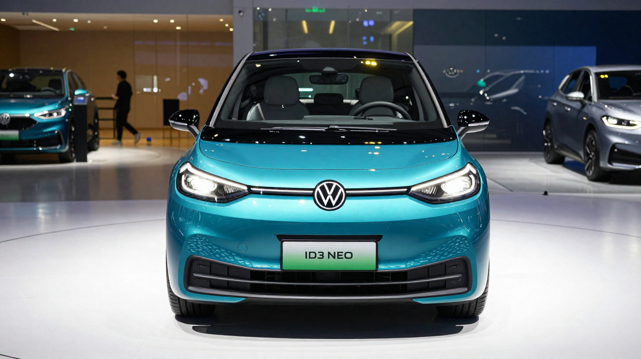 Volkswagen ID.3 NEO azul exposto em salão automotivo com teto preto e rodas esportivas.