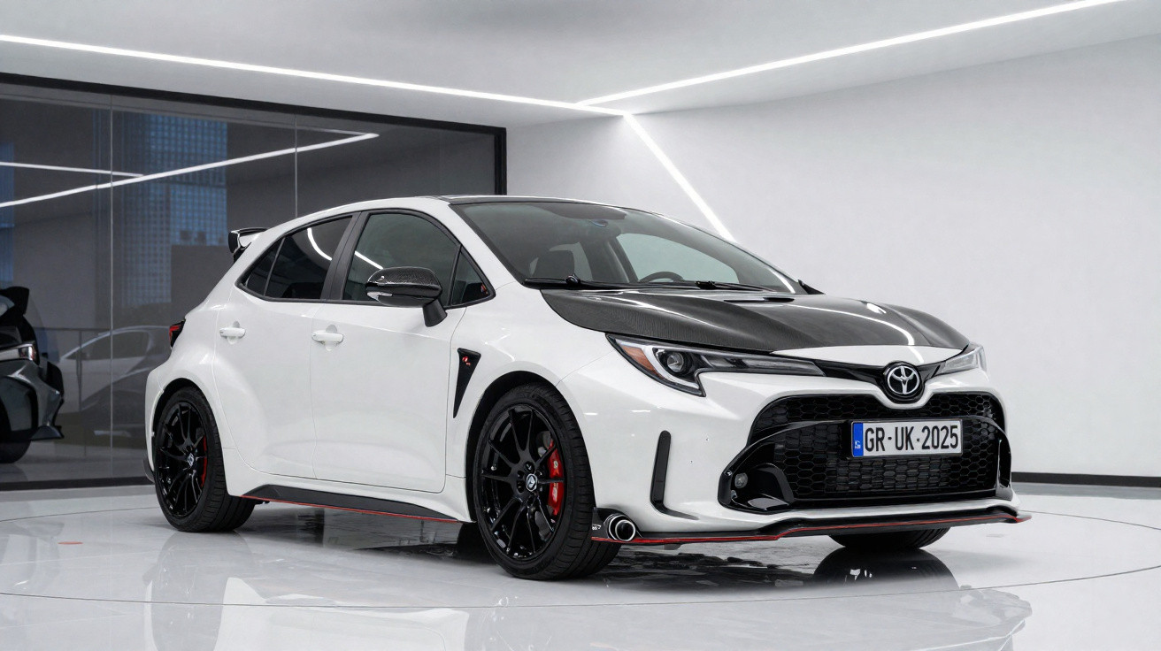 Carro esportivo branco com capô preto e detalhes vermelhos, modelo hatchback da Toyota em ambiente moderno.