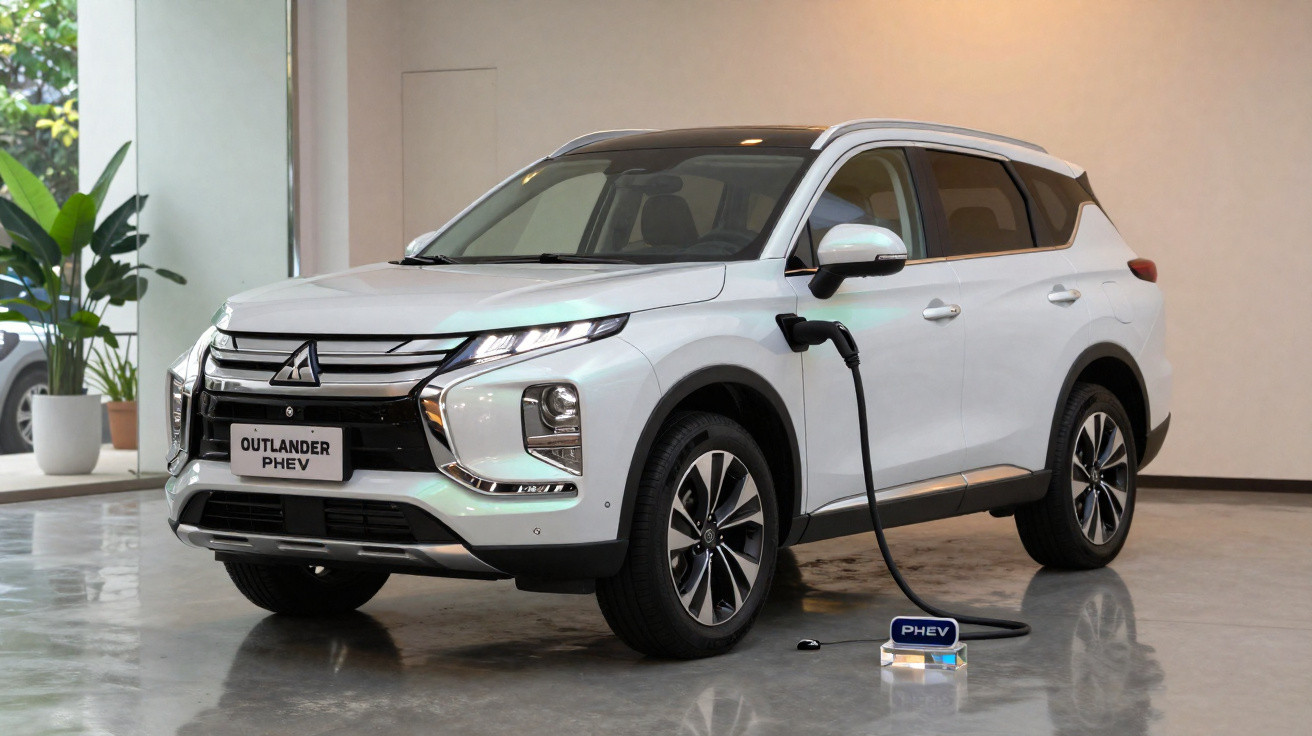 SUV branco Mitsubishi Outlander PHEV estacionado em ambiente interno, conectado a carregador elétrico.