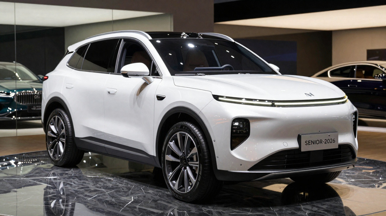 Carro SUV elétrico branco estacionado em ambiente interno com piso de mármore e parede preta ao fundo.