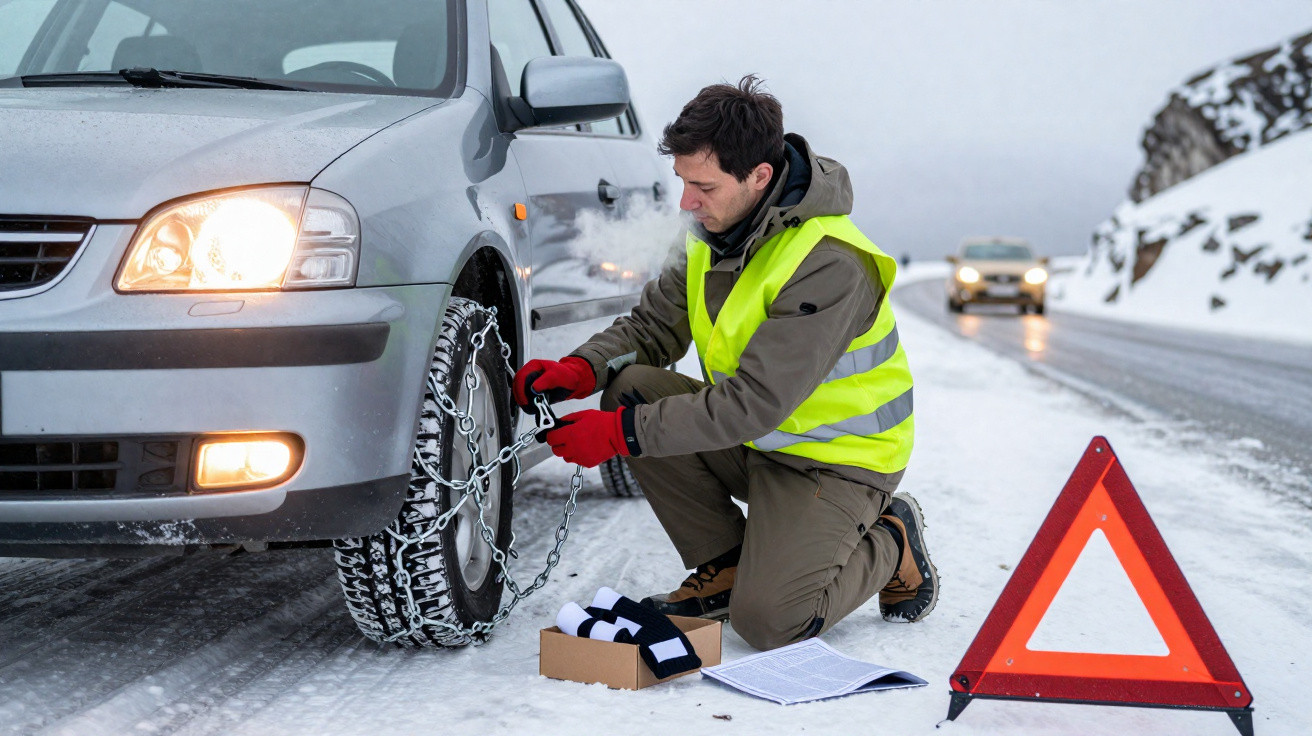 Homem com colete amarelo trocando pneu de carro cinza na neve, sinal triangular vermelho à frente.