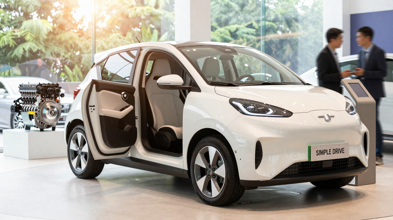 Carro elétrico branco com porta aberta em showroom moderno, com duas pessoas ao fundo conversando.