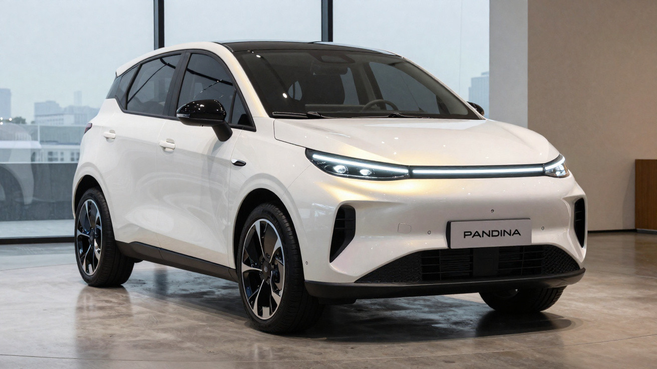 Carro elétrico branco modelo Pandina estacionado em ambiente interno moderno e iluminação natural.