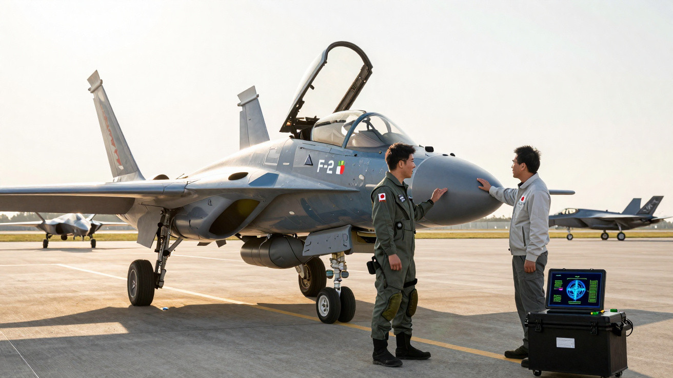 Dois homens ao lado de caça militar cinza estacionado em pista de aeroporto, um com macacão verde e outro com jaqueta clara.