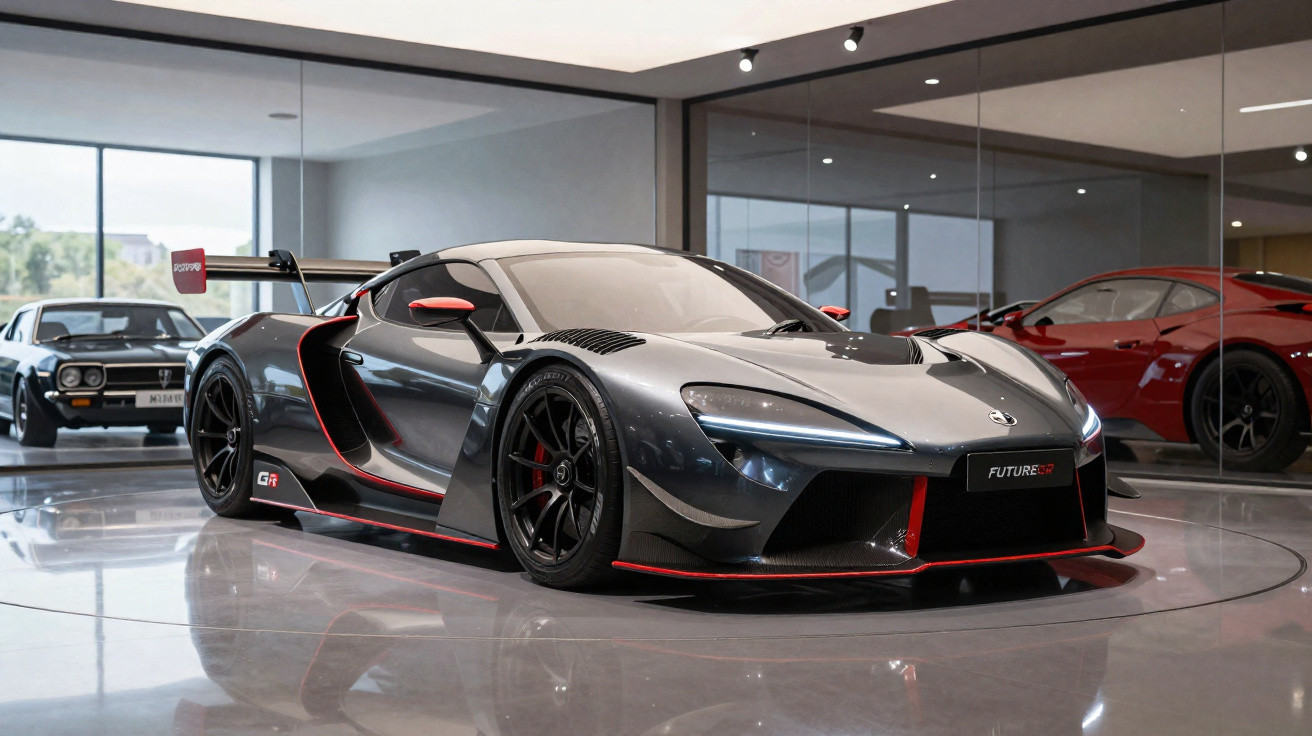 Carro esportivo preto com detalhes vermelhos em showroom com piso brilhante e espelhos ao fundo.