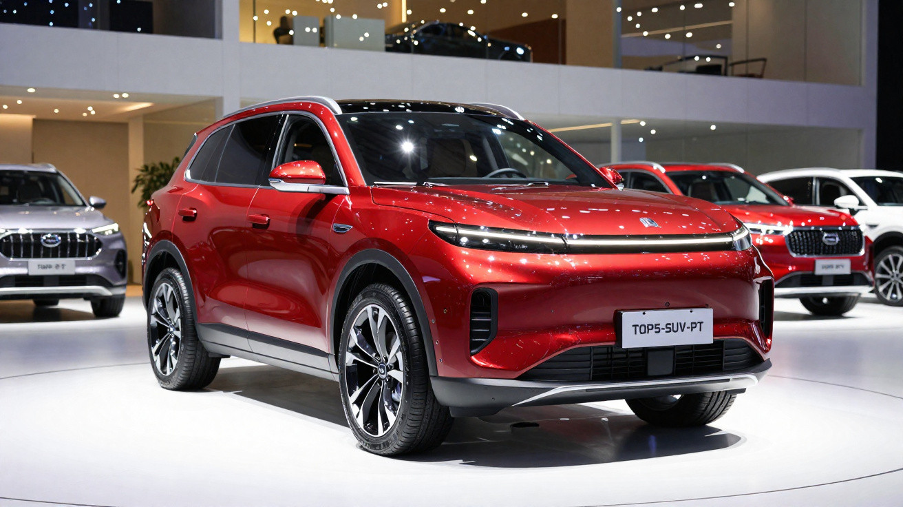 SUV vermelho moderno exposto em salão automotivo com outros carros ao fundo.