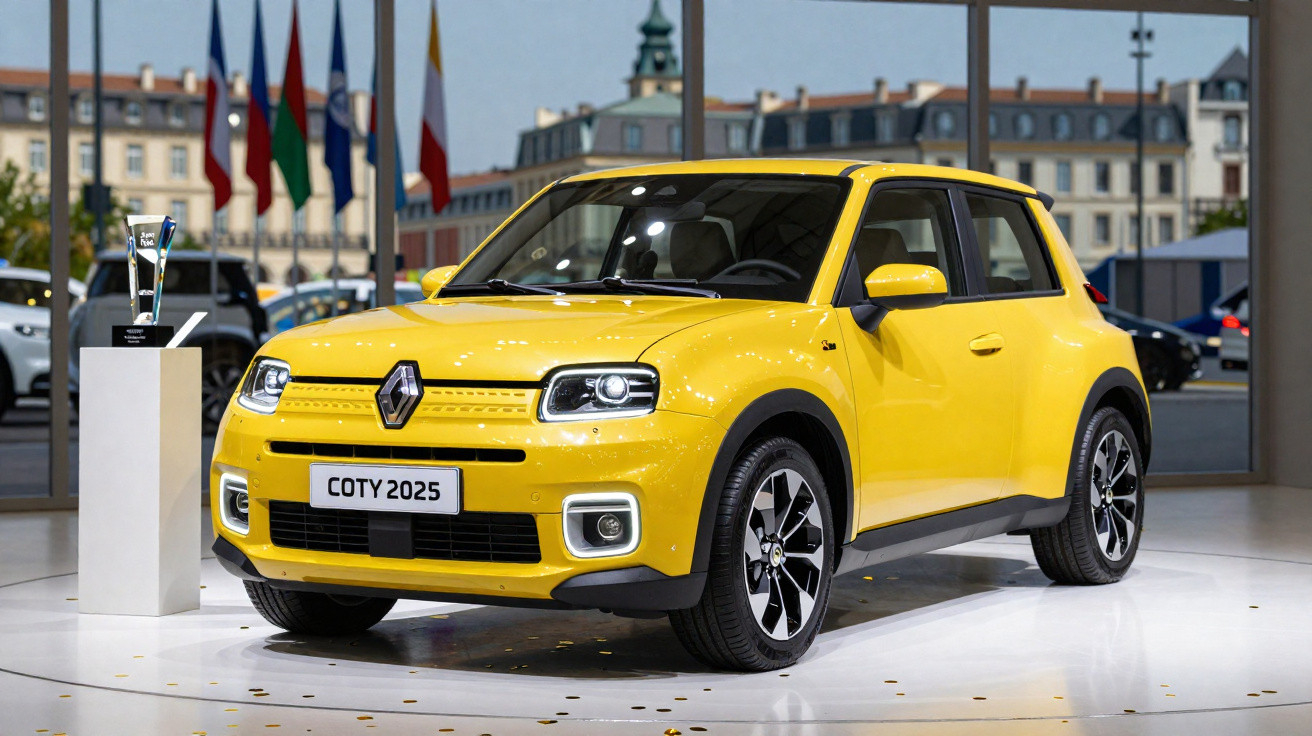 Carro compacto amarelo Renault COTY 2025 em exposição, ao lado de troféu em pedestal branco.