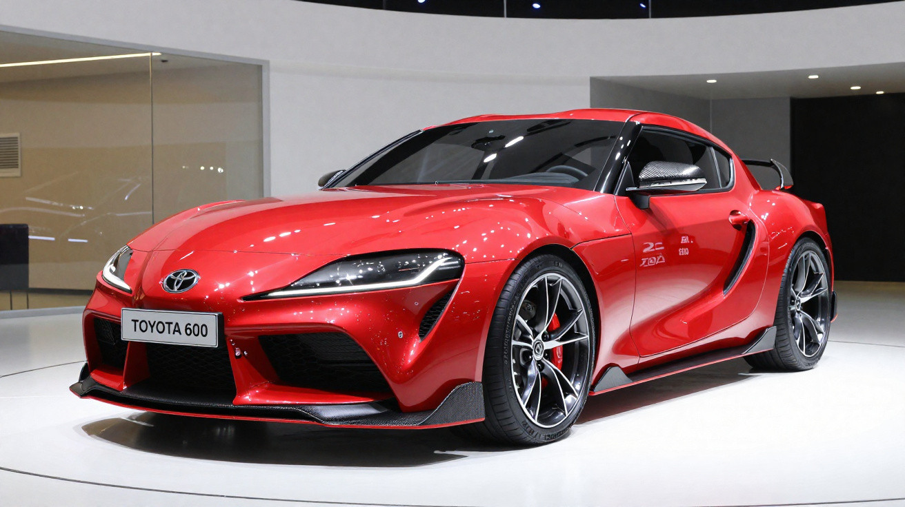 Carro esportivo Toyota 600 vermelho com design aerodinâmico exposto em ambiente interno moderno.