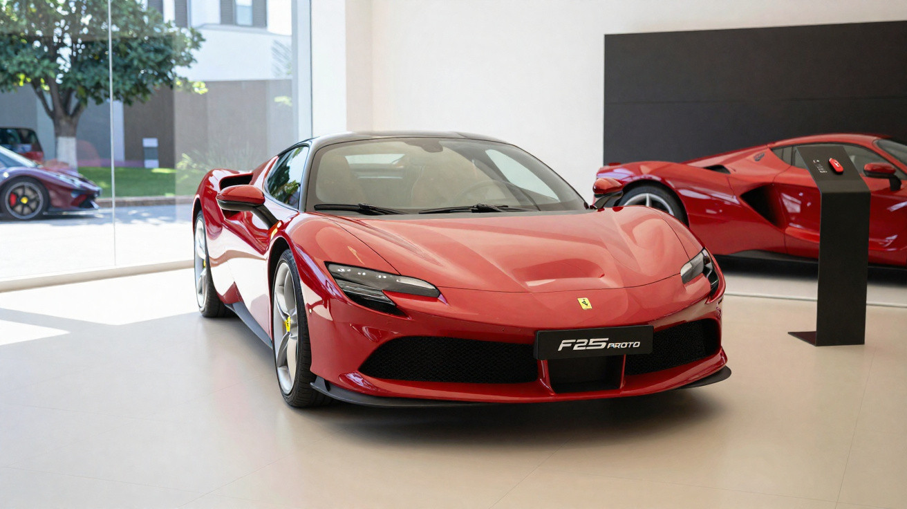 Carro esportivo vermelho Ferrari F250 Proto em destaque dentro de showroom moderno e iluminado.