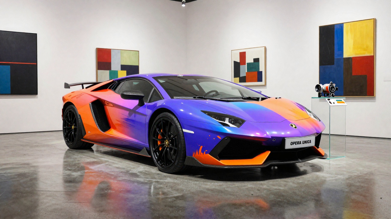 Carro esportivo Lamborghini arancione e roxo exposto em galeria de arte com quadros abstratos nas paredes.