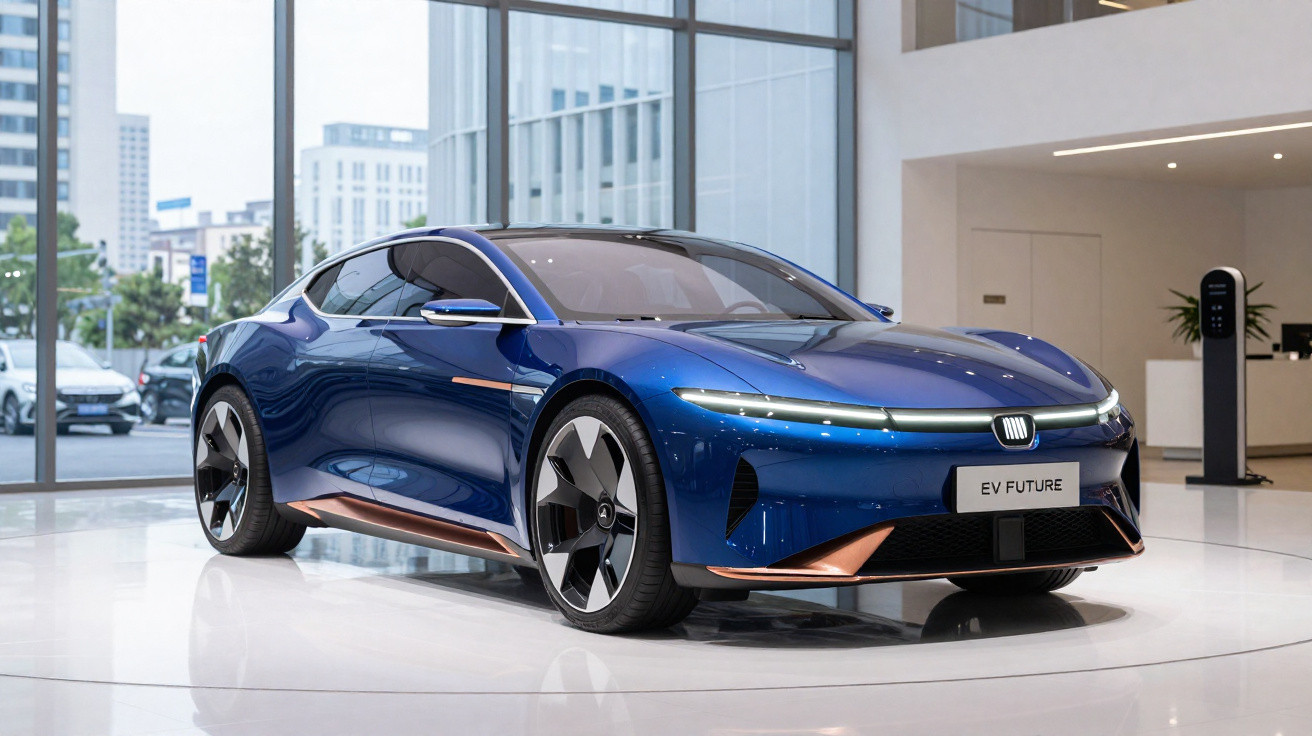 Carro esportivo elétrico azul estacionado em showroom moderno com painéis de vidro e iluminação branca.