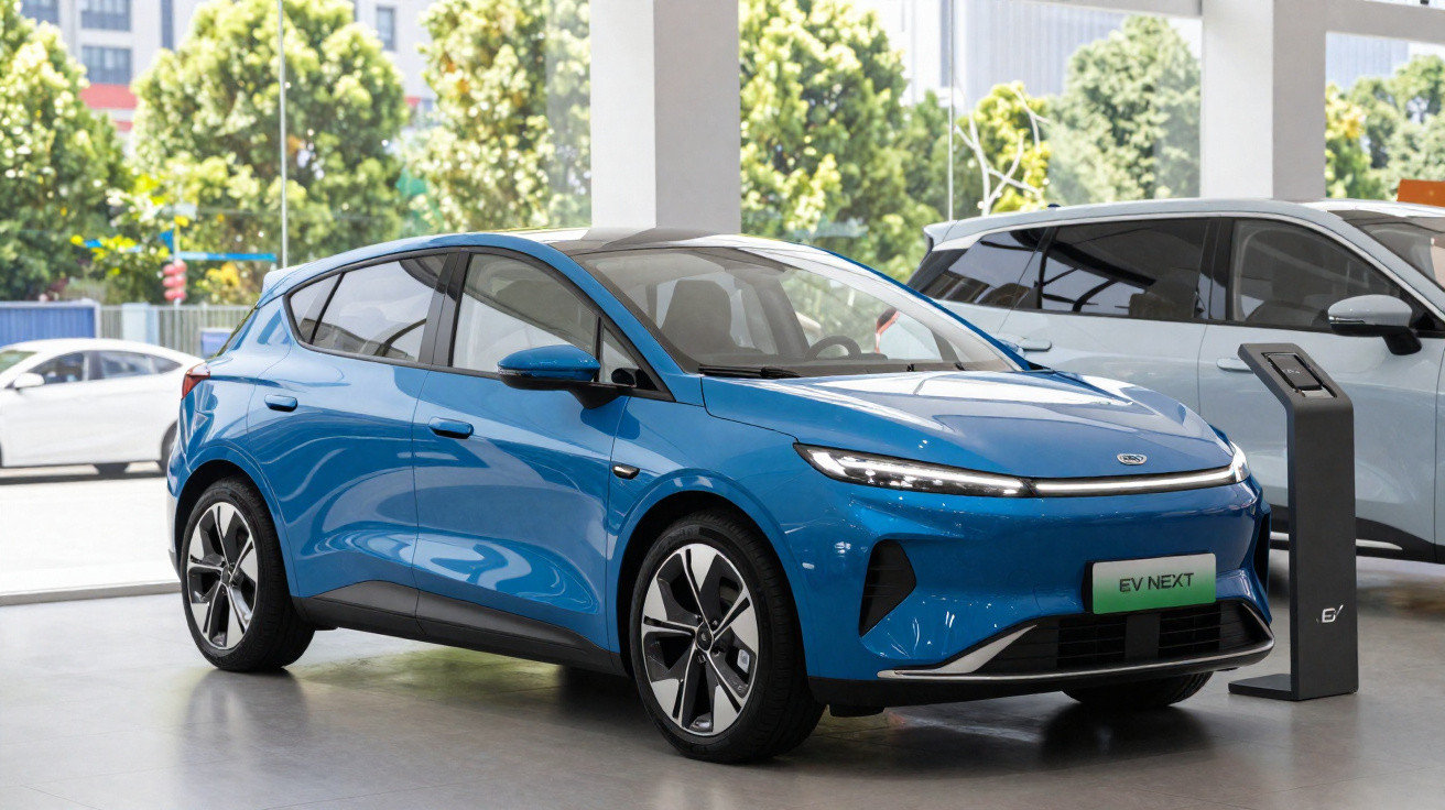 Carro elétrico azul modelo EV NEXT em exposição dentro de showroom moderno com janelas de vidro.