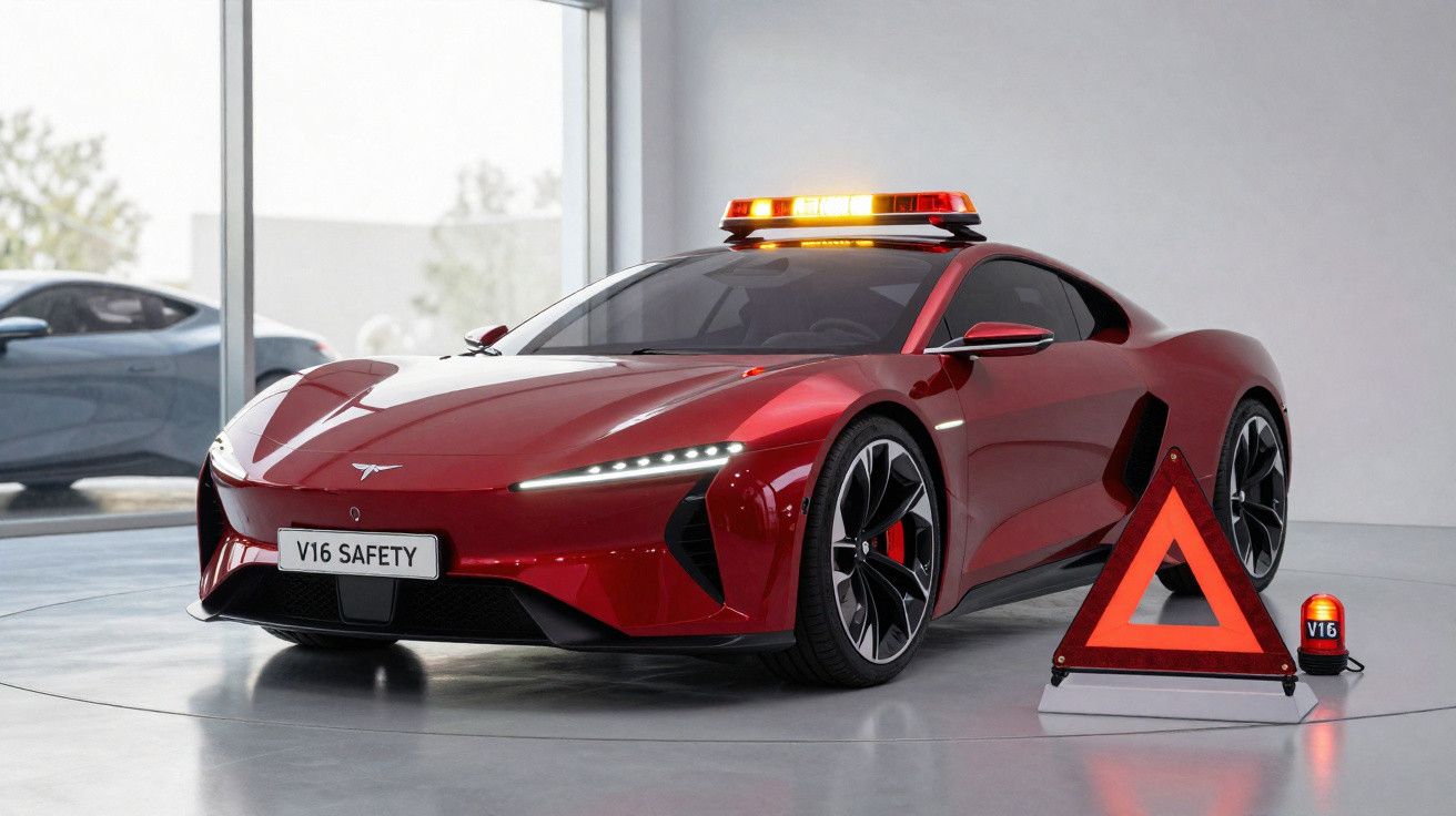 Carro esportivo vermelho com luzes de emergência V16 Safety e triângulo de sinalização laranja indoors.