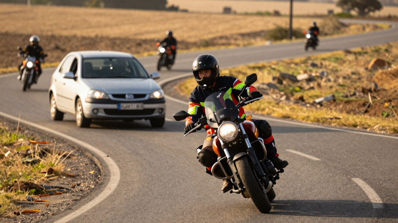 Motociclista com capacete e jaqueta colorida pilotando na estrada com carros e outras motos ao fundo.