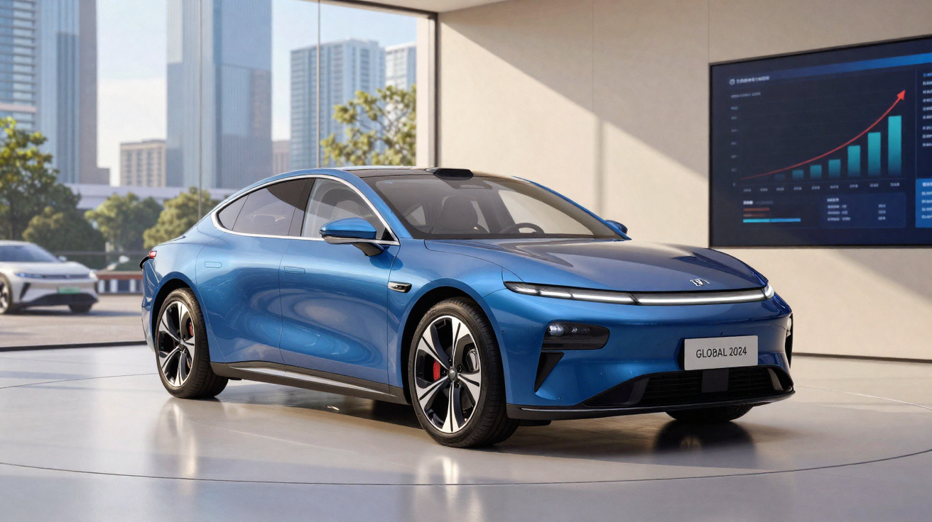 Carro elétrico azul conectado ao carregador em ambiente interno com gráfico de crescimento ao fundo.