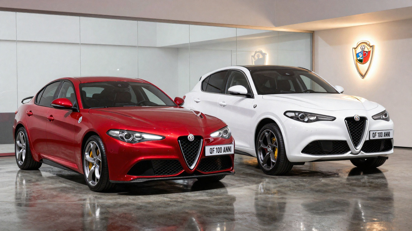 Dois carros Alfa Romeo, um vermelho sedã e um branco SUV, estacionados em ambiente interno moderno.