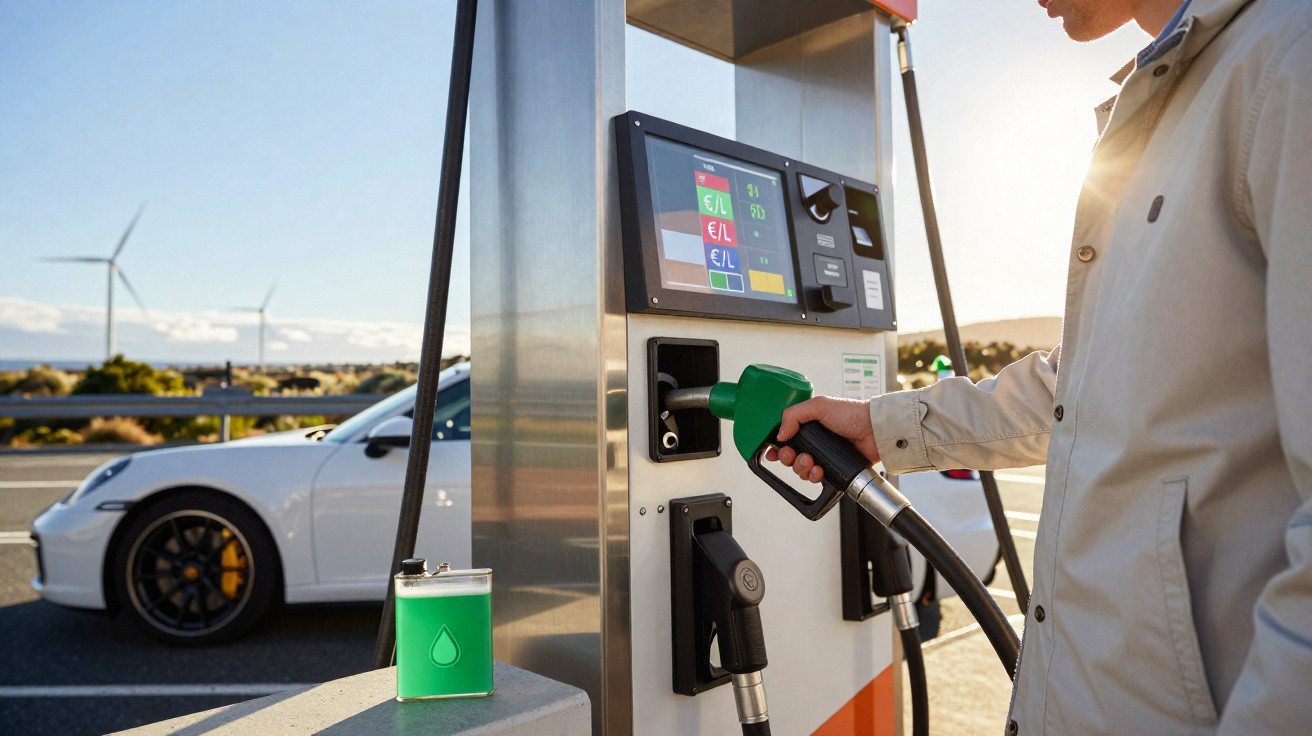 Pessoa abastecendo carro branco com bomba de combustível verde em posto de gasolina ao ar livre.