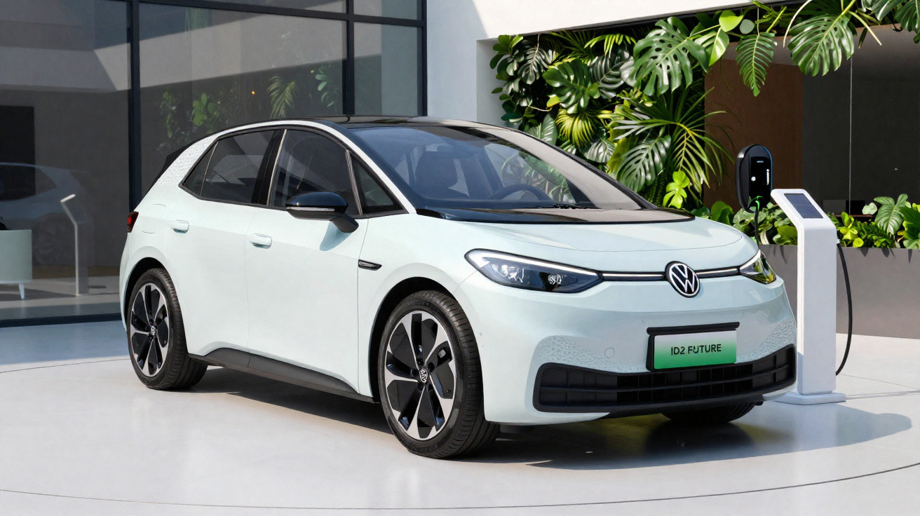 Carro elétrico branco Volkswagen ID.2 Future estacionado em carregador em ambiente moderno e iluminado.