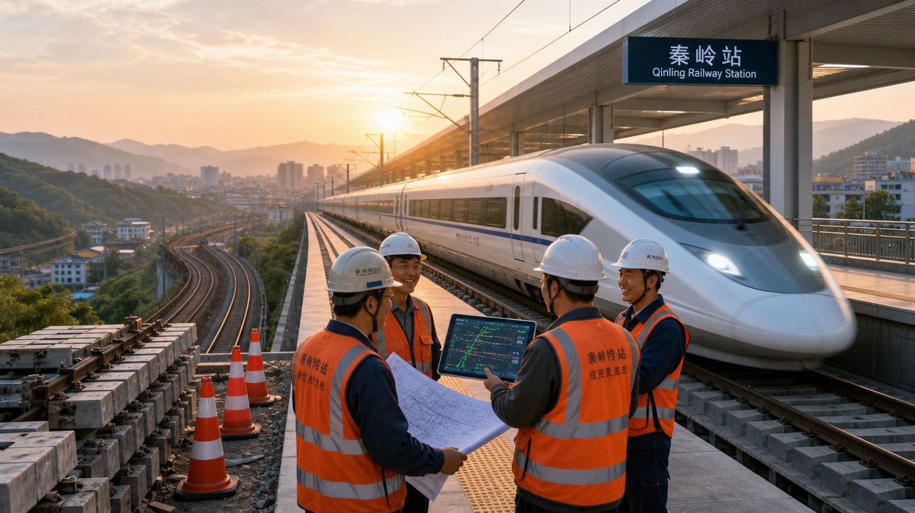 Quatro engenheiros com coletes e capacetes revisam projetos na estação de trem de alta velocidade ao pôr do sol.