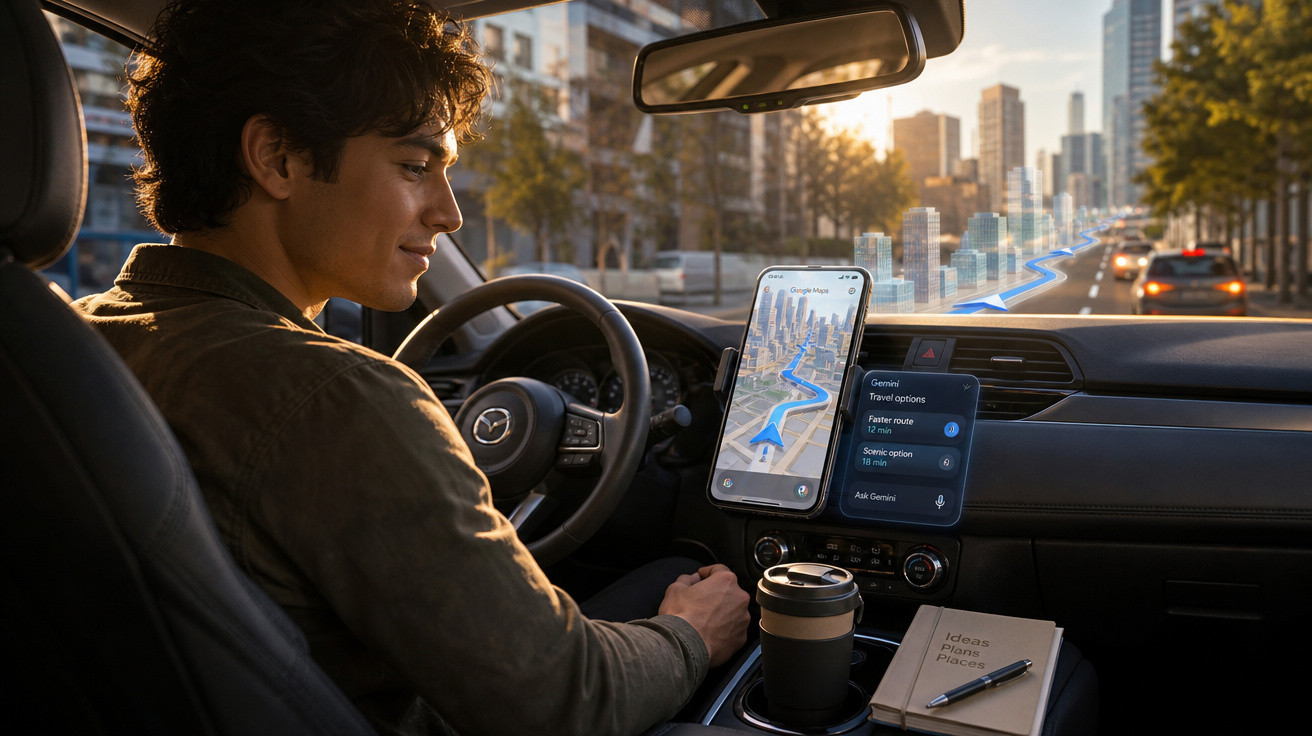 Homem ao volante de carro olhando para celular com navegação GPS em aplicativo, cidade ao fundo.