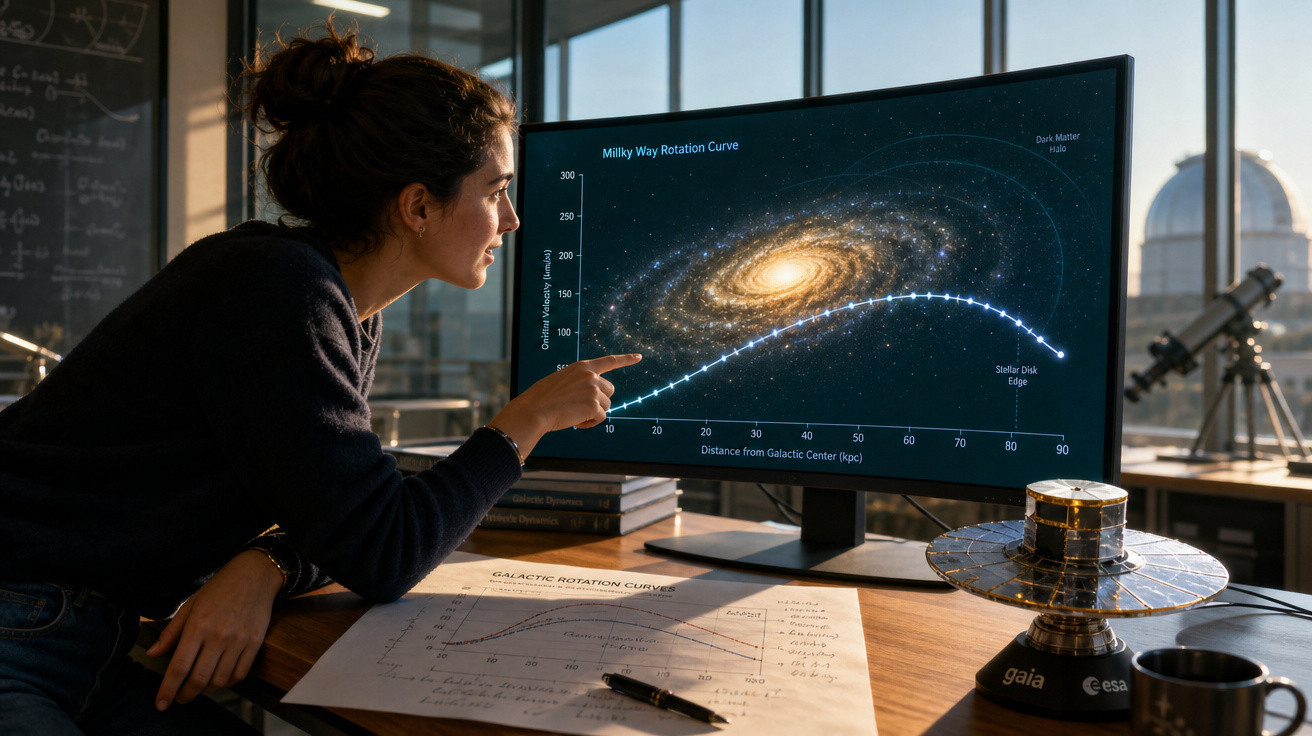 Mulher em laboratório observando gráfico da curva de rotação da Via Láctea na tela de computador.