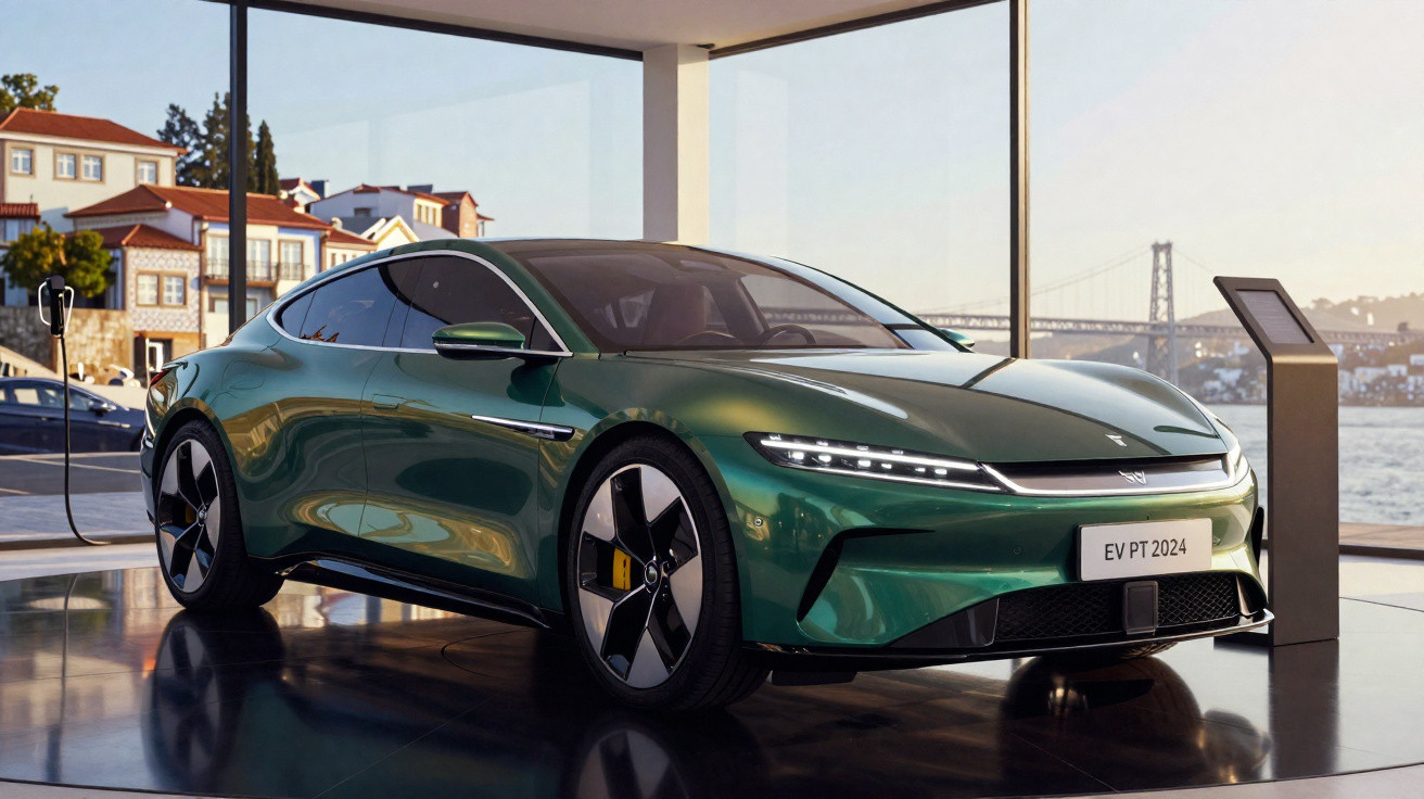 Carro elétrico verde exposto em showroom moderno com vista para ponte e rio ao fundo.