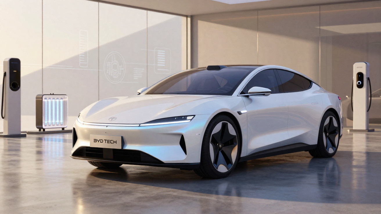 Carro elétrico branco moderno em ambiente futurista com estações de recarga ao fundo.