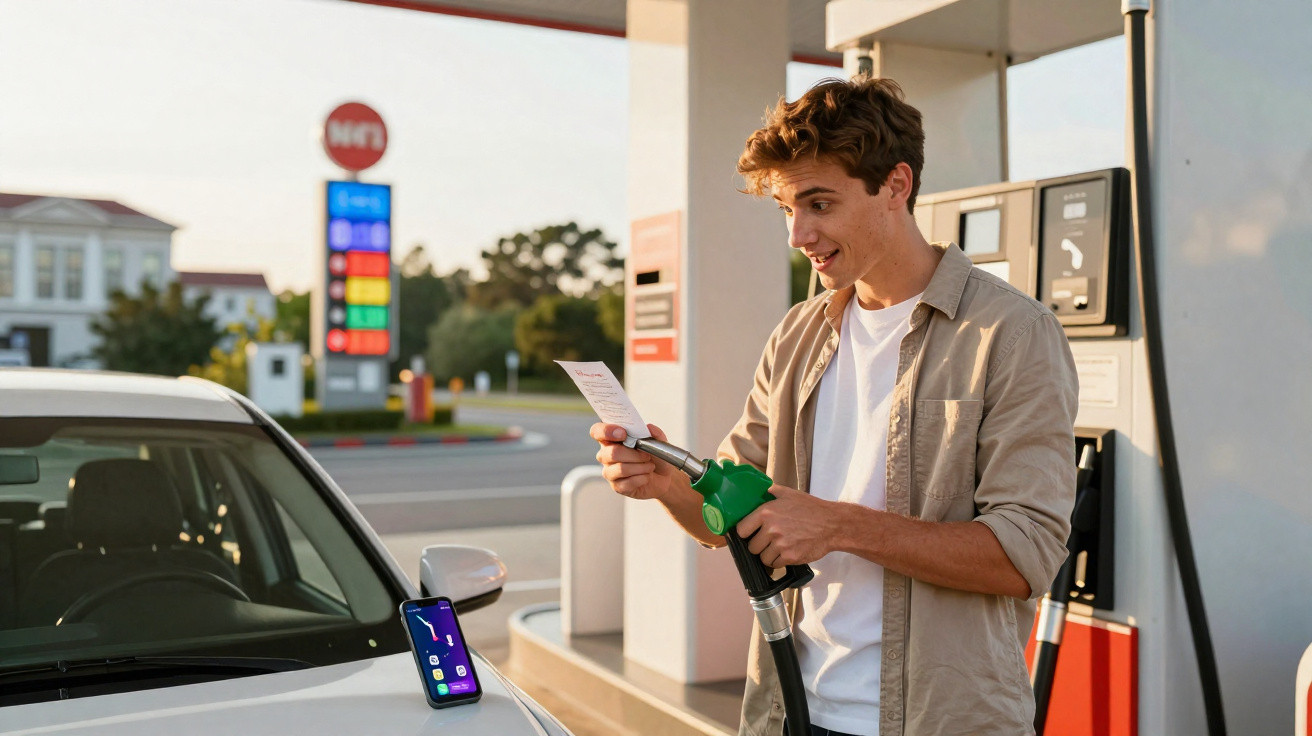 Jovem segurando bomba de gasolina e recibo, abastecendo carro branco em posto de combustíveis.