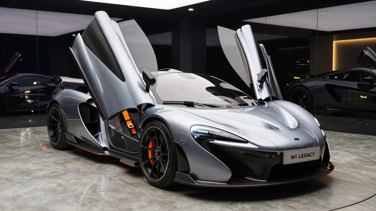 Carro esportivo cinza com portas em estilo asa de gaivota aberto em garagem moderna.