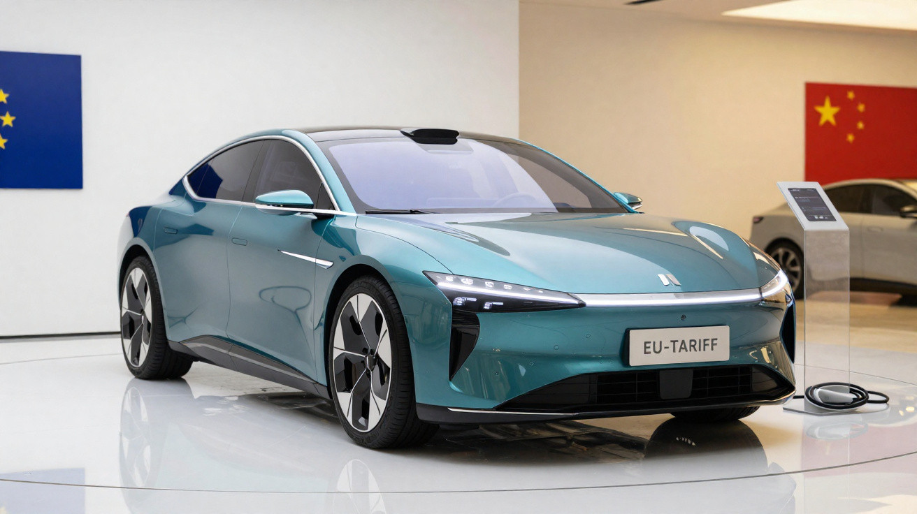 Carro elétrico moderno verde em exposição, com placas EU-TARIFF e bandeiras da União Europeia e China ao fundo.