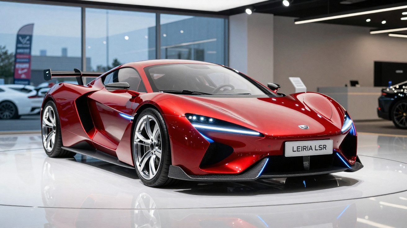 Carro esportivo vermelho Leiria LSR exibido em salão moderno com iluminação LED e piso refletivo.