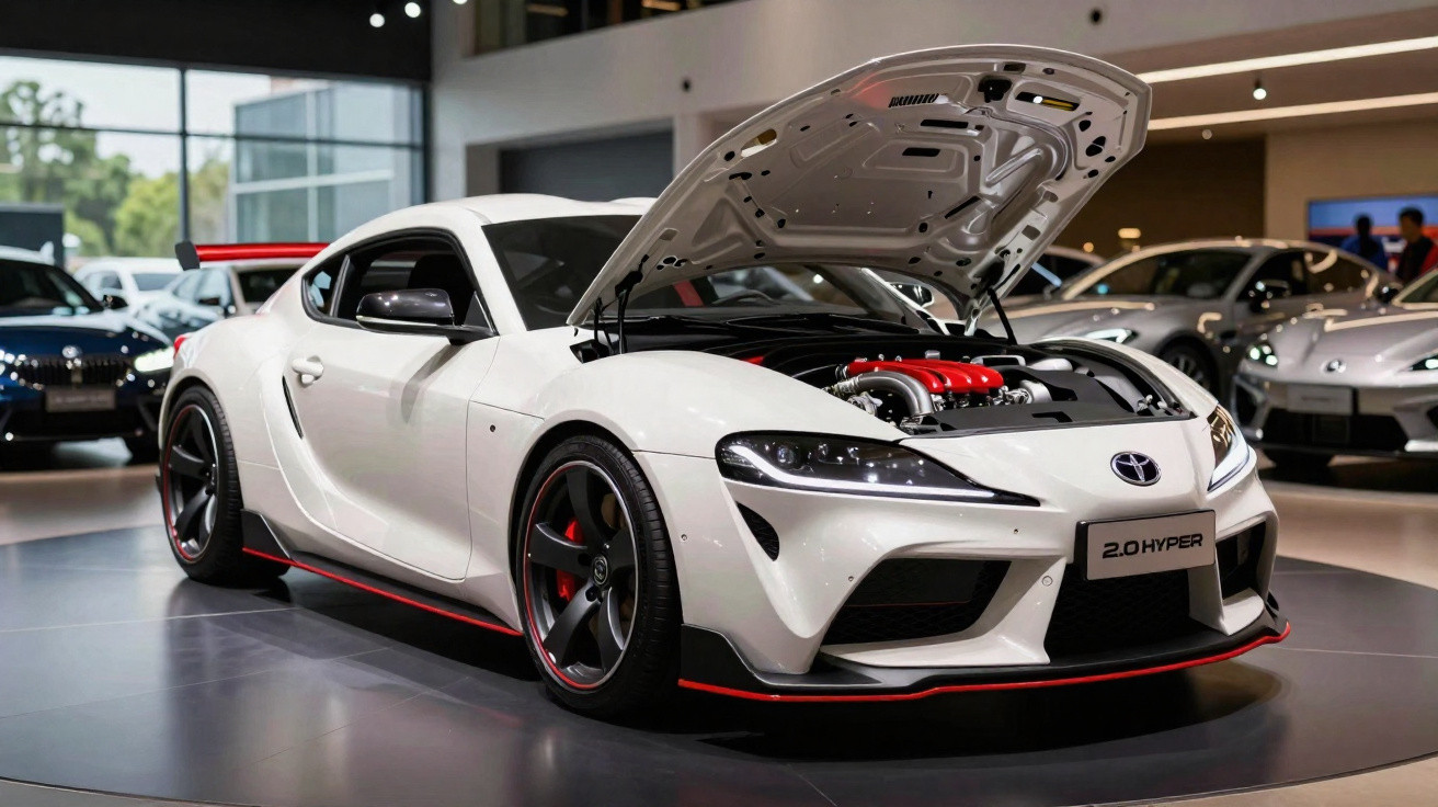 Carro esportivo branco Toyota com capô aberto exibindo motor em showroom moderno.