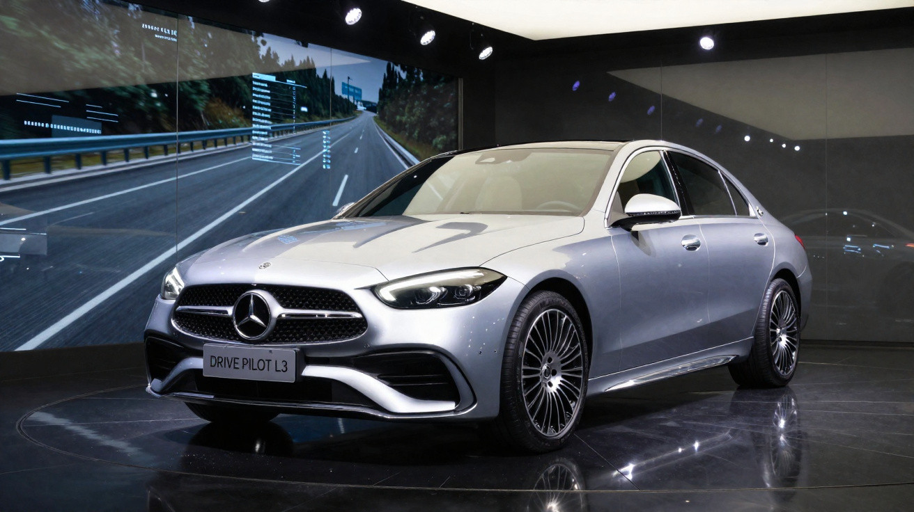 Carro Mercedes-Benz sedan prata exibido em plataforma com projeção de estrada ao fundo.