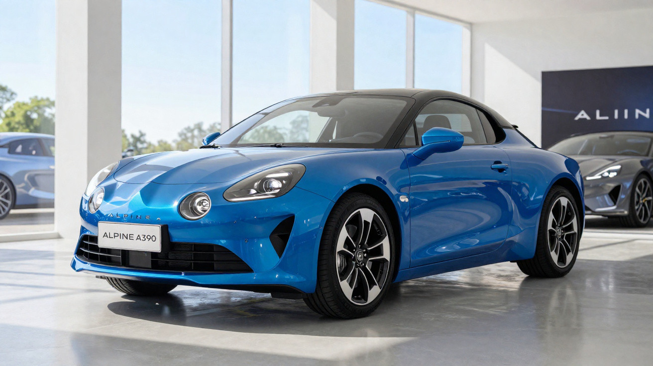 Carro esportivo azul Alpine A390 em exposição interna com luz natural entrando pelas janelas.