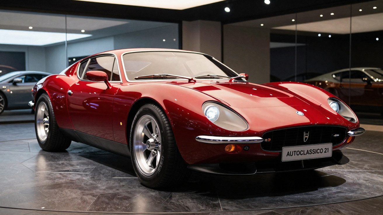 Carro esportivo clássico vermelho exibido em showroom com espelhos e iluminação moderna.