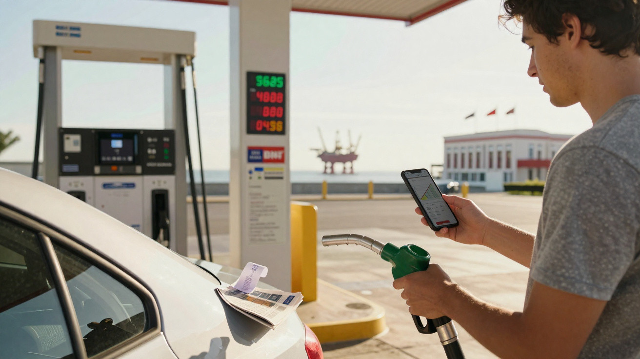 Homem em posto de gasolina segura bomba de combustível e usa smartphone ao lado do carro branco.