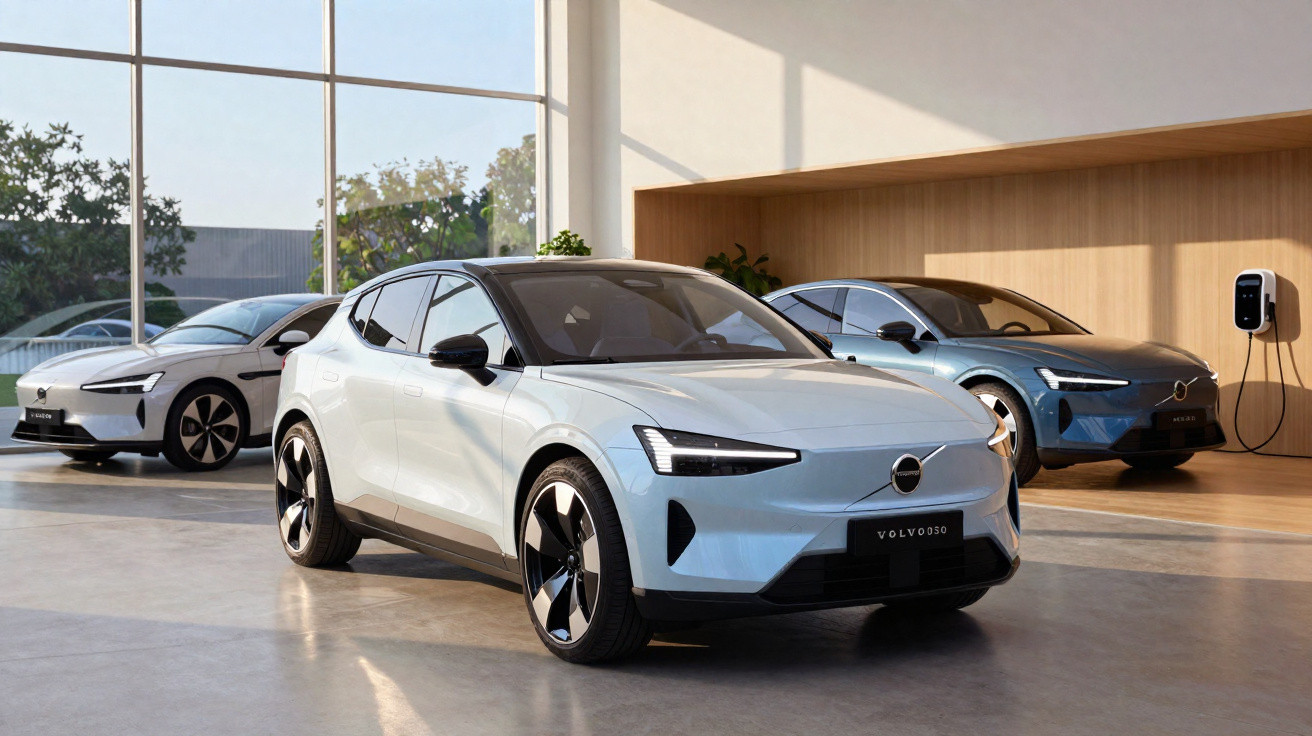 Três carros elétricos Volvo estacionados em showroom moderno com parede de madeira e carregador na parede.