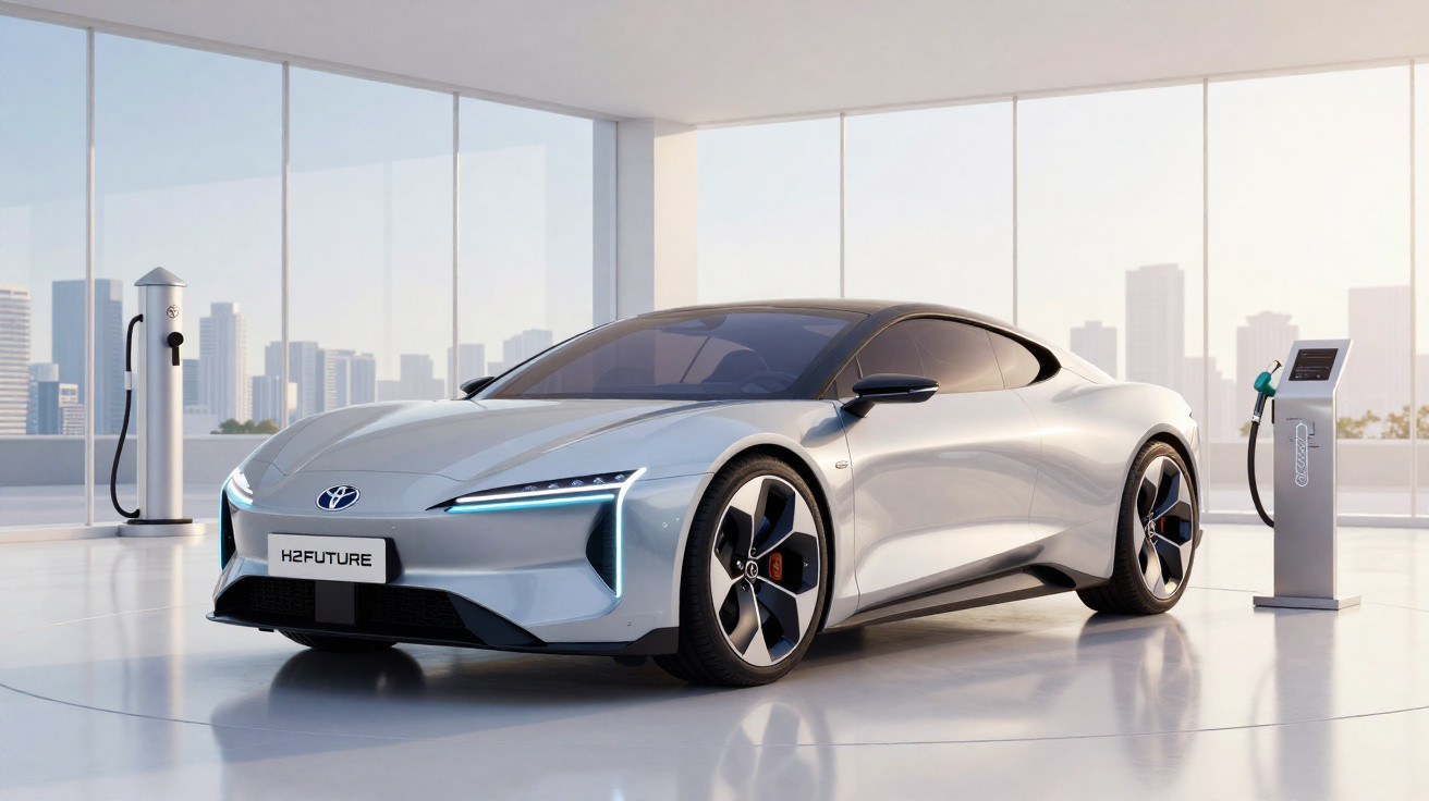 Carro elétrico esportivo branco futurista em ambiente interno com painel e estações de recarga ao redor.