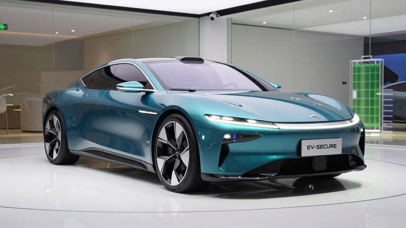 Carro elétrico esportivo azul metálico estacionado em ambiente interno moderno e iluminado.
